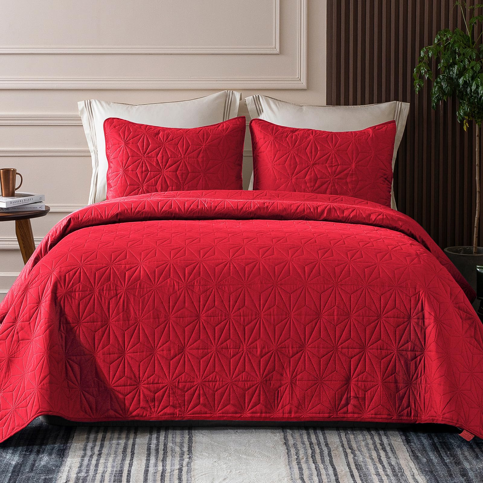 Whale Flotilla King Size Quilt Bedding Set, Soft Bright Red King Quilts Bedspreads For All Seasons, Lightweight Geometric Star P